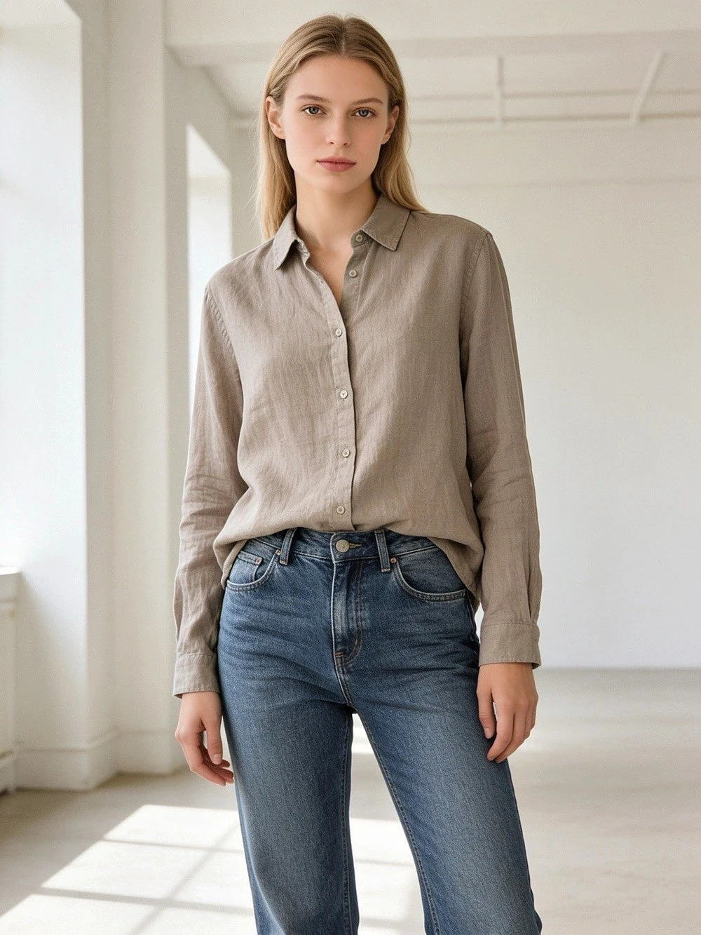 Jones New York Brown Taupe 100% Linen Button Front Small Shirt Like New